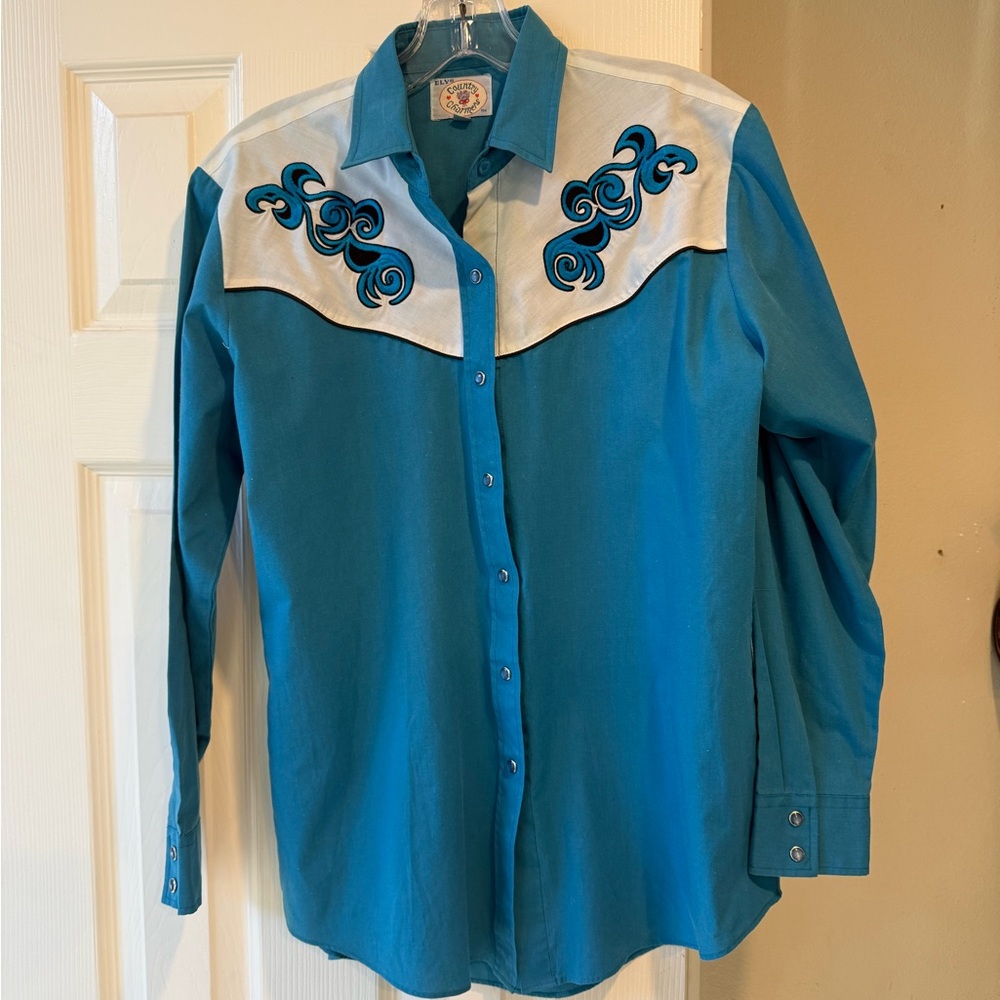 Vintage Womens Ely Country Charmers Turquoise Pearl Snap Shirt Western Medium